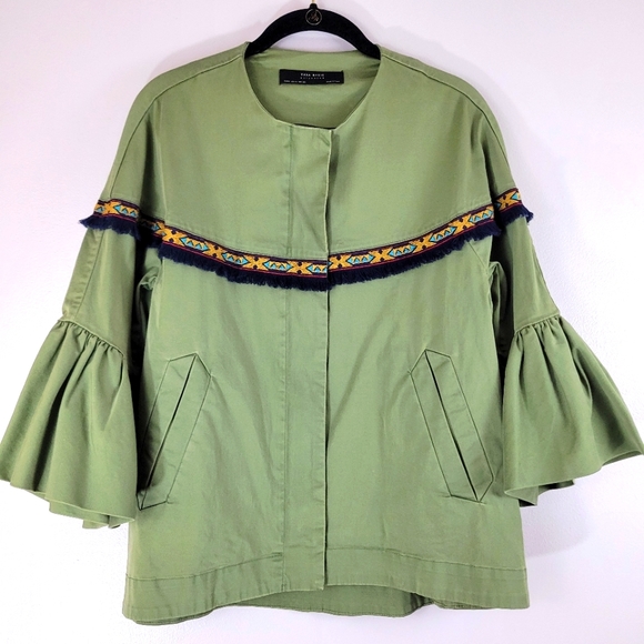 ZARA green cotton twill bell sleeve tribal southwest fringe trim zip jacket - Picture 2 of 14
